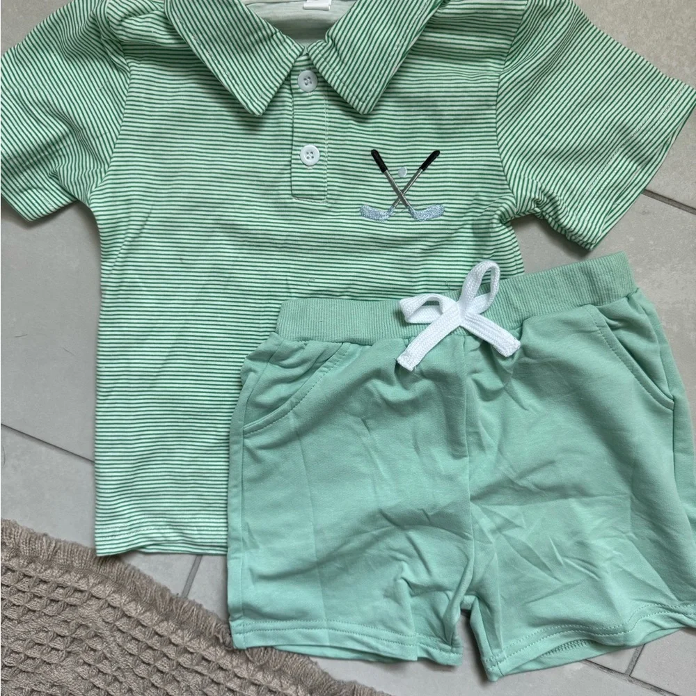 Kids' Mint Green Polo & Shorts Set - Golf Embroidered